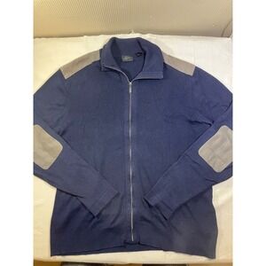 Greg Norman Mens XXL Full Zip Sweater Navy Blue Elbow Patches Cotton Wool Blend